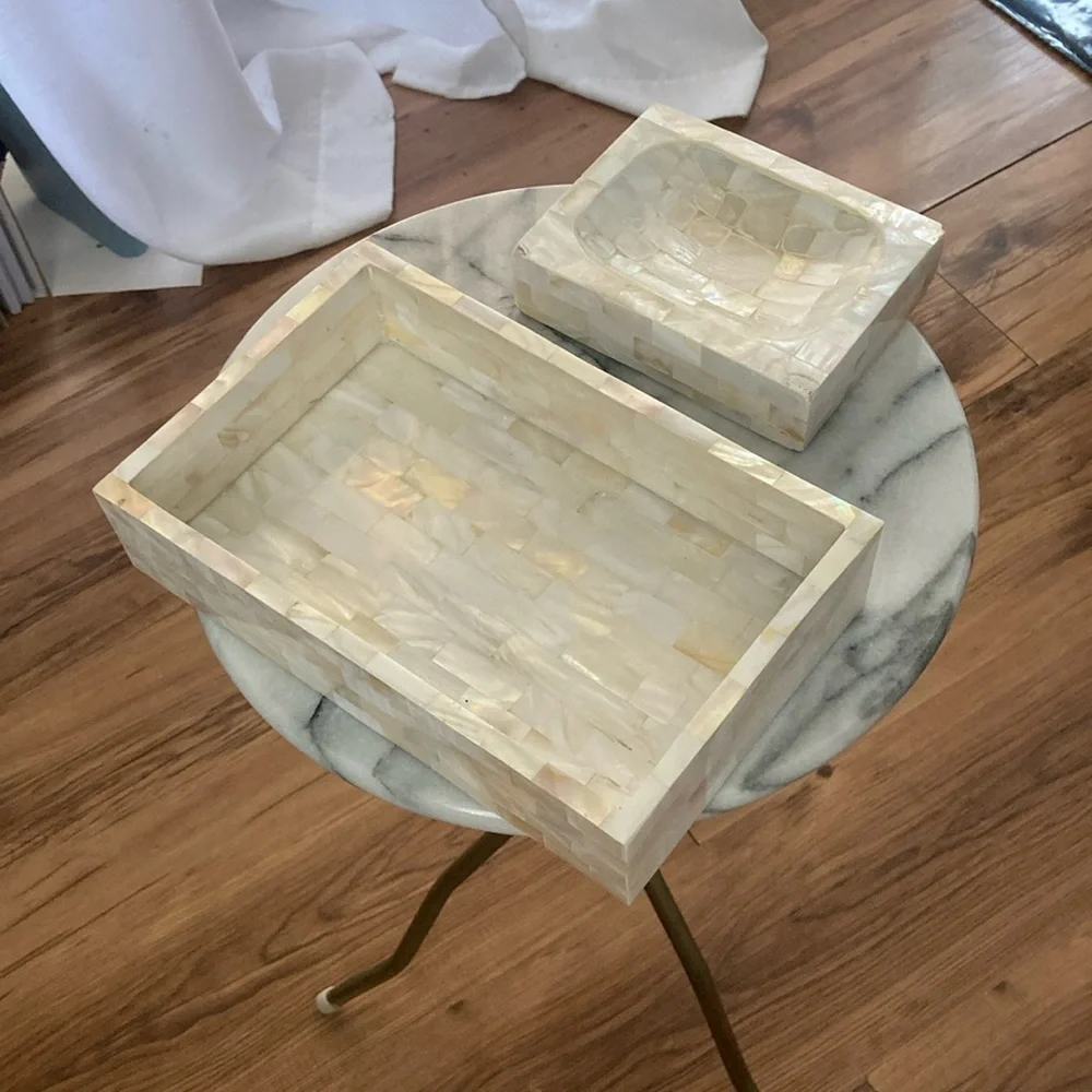 Vintage iridescent shell bathroom set tray and soap tray